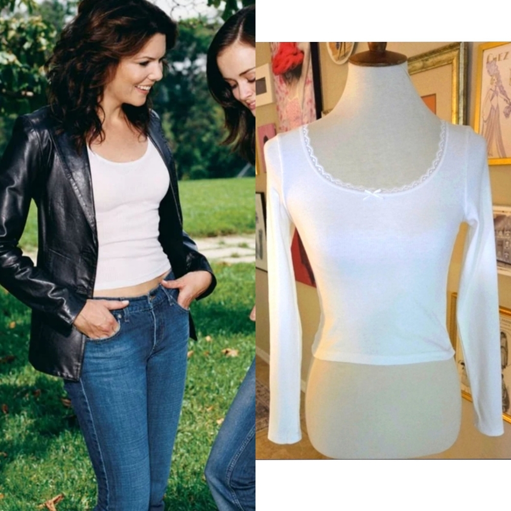 Y2K Lorelai Gilmore Alternative White‎ Ribbed Lace Trim Bow Long Sleeve Crop Top